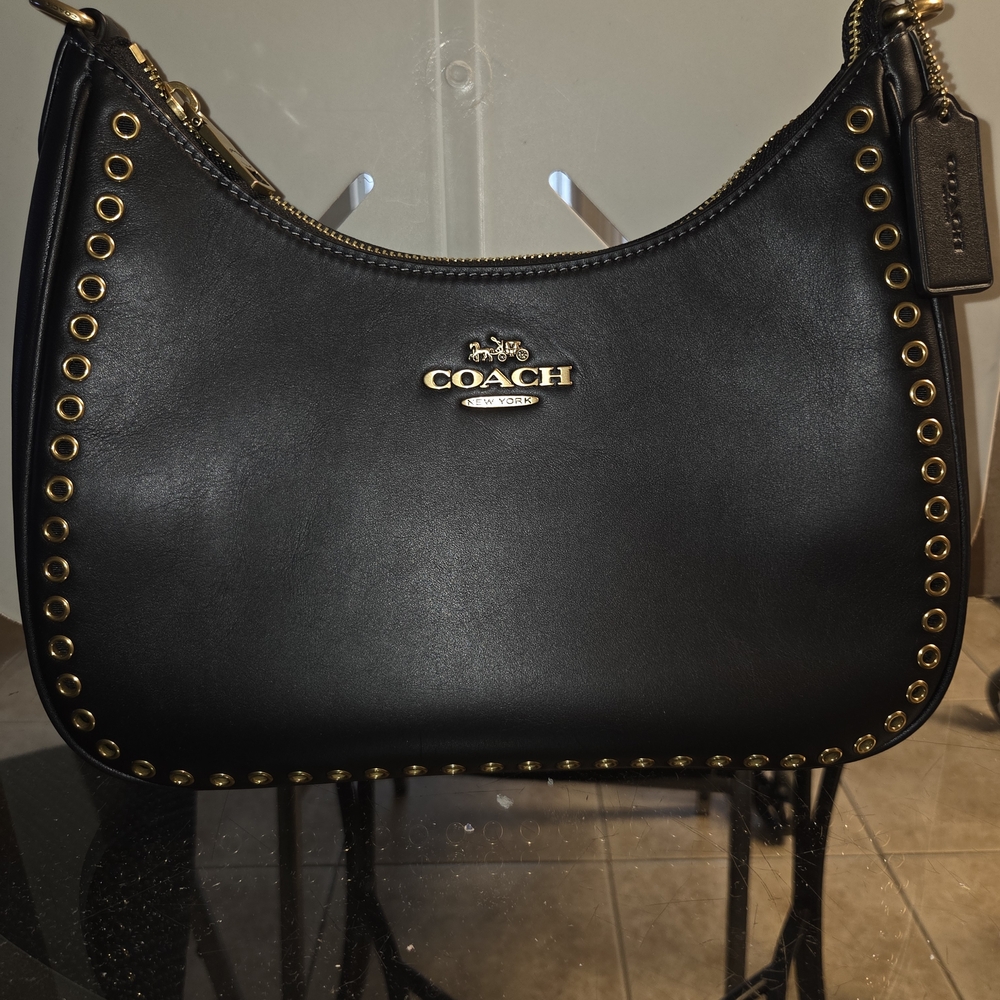 Coach Black and Gold Teri Hobo Bag With Gold Grommets